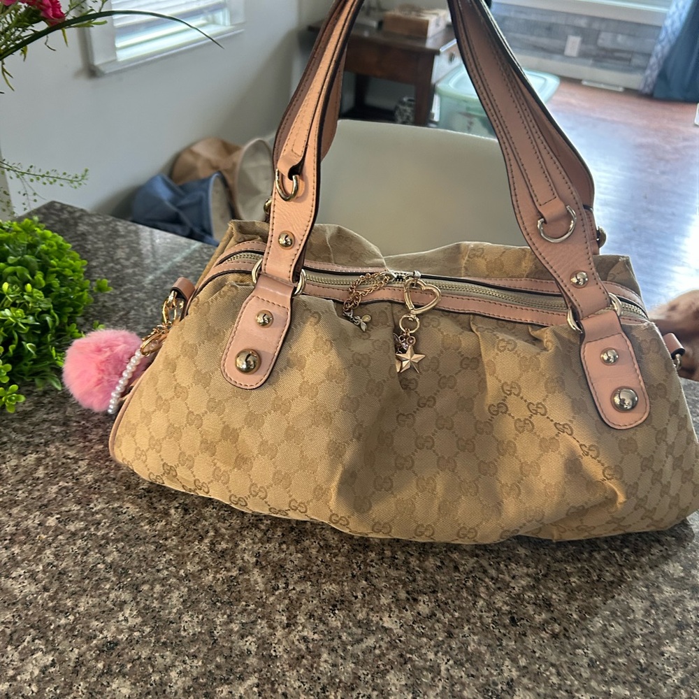 Gucci Tan Canvas Shoulder Bag with Gold Hardware- Large